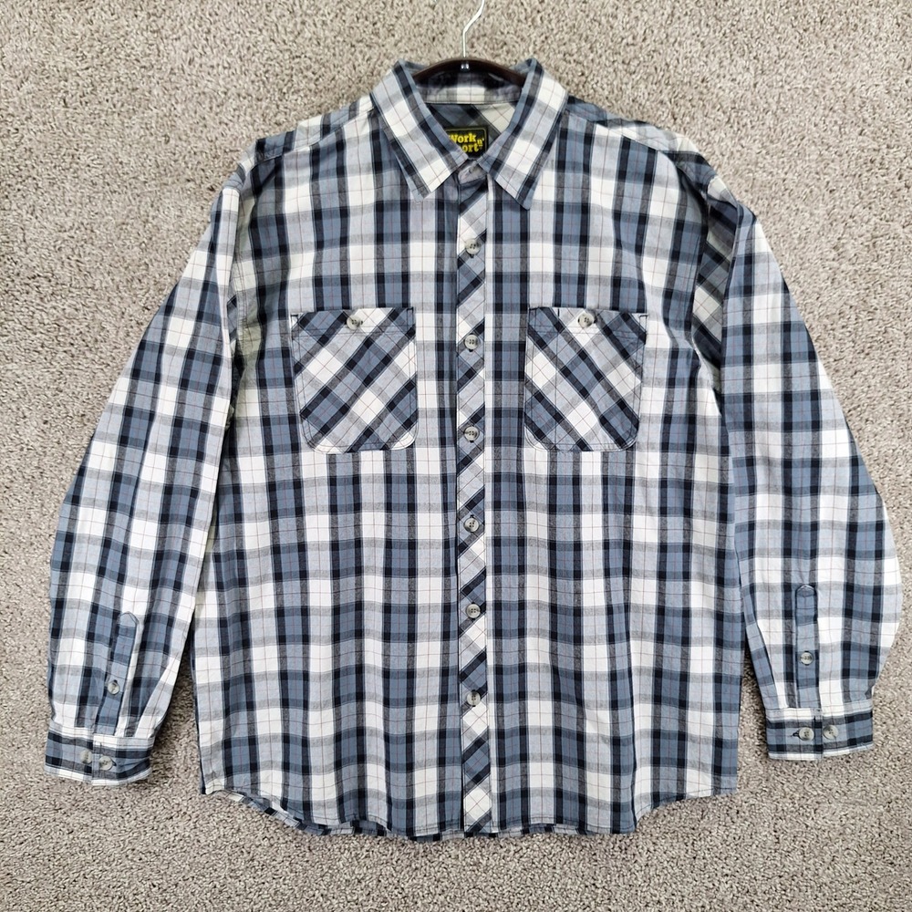 Work n Sport Shirt Mens XL Blue Plaid Button Up Long Sleeve Workwear Casual